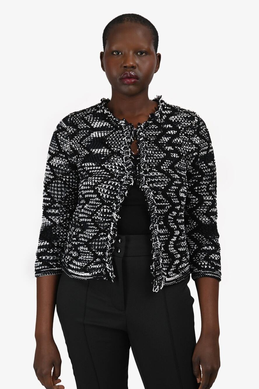 Missoni Cardigan Sweater Knit Fringe Zig Zag Classic Luxury Black White Size M